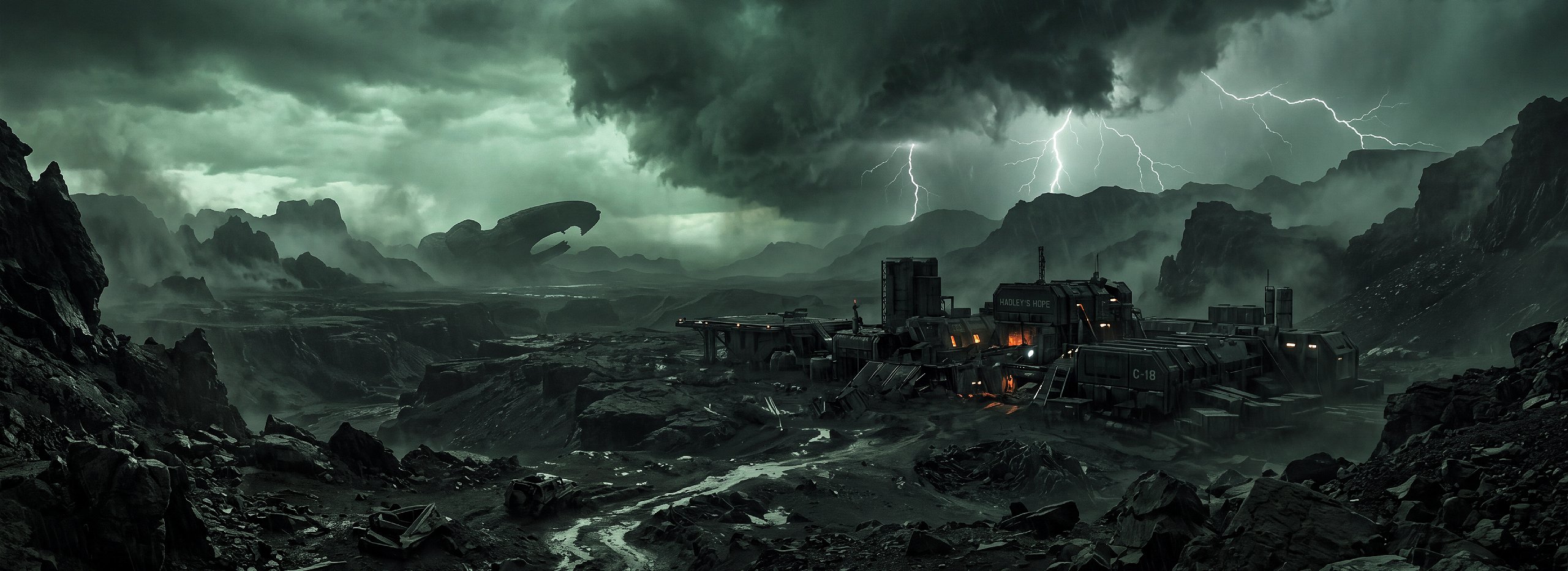 Cinematic view of LV-426 surface and Hadley's Hope ruins